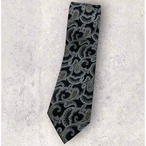 IKE BEHAR Silk Tie USA XL Black Silver Yellow Paisley W:3.5" EUC